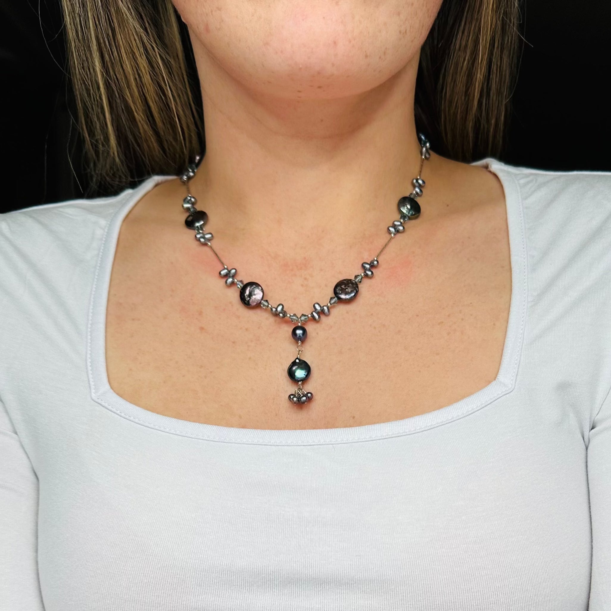 Vintage sterling blue, grey Tahitian pearl & faceted blue glass beaded drop necklace, 17"